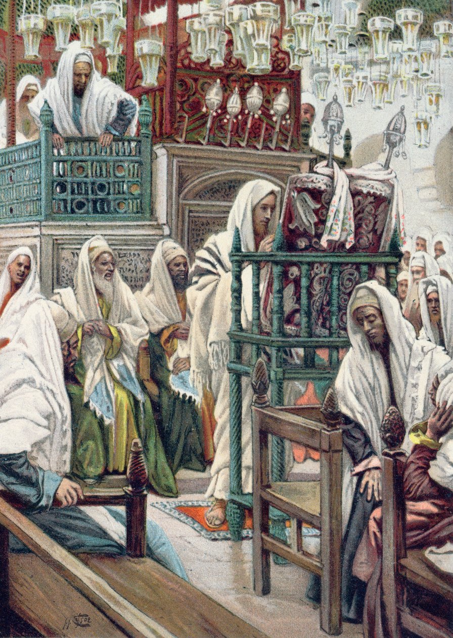 Jesus ruller ut boken i synagogen, illustrasjon for 