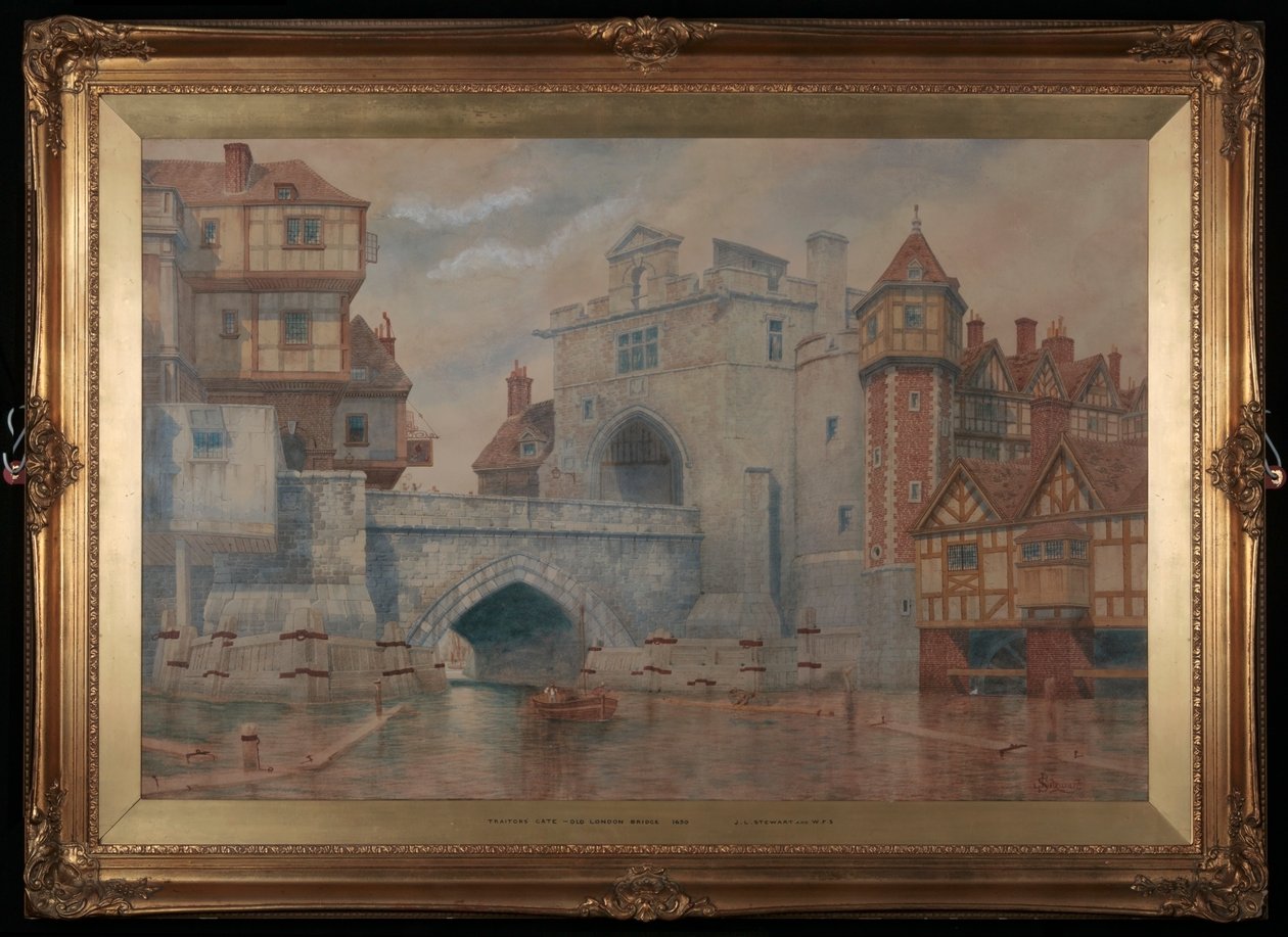 Traitors Gate - Old London bridge i 1650 (wc) av James Stewart