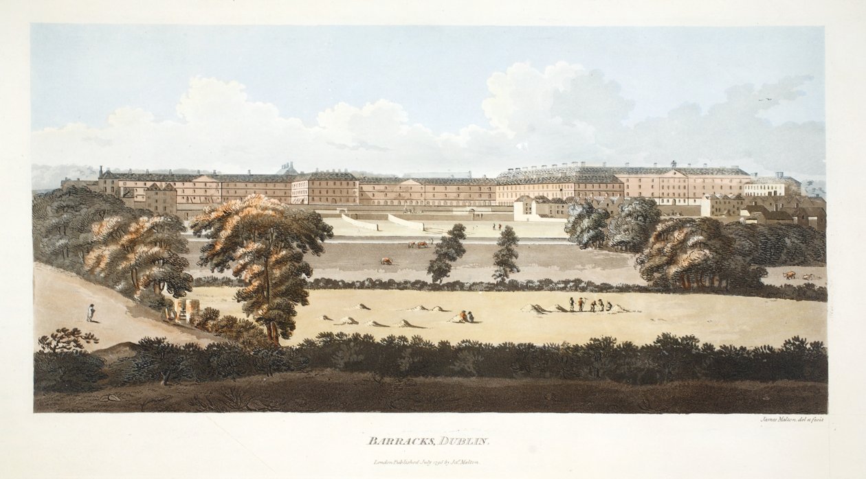Barracks, Dublin (håndfarget gravering) av James Malton