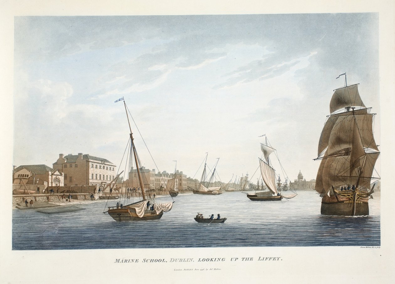 Marine School, Dublin, ser opp Liffey, 1796 (håndfarget gravering) av James Malton