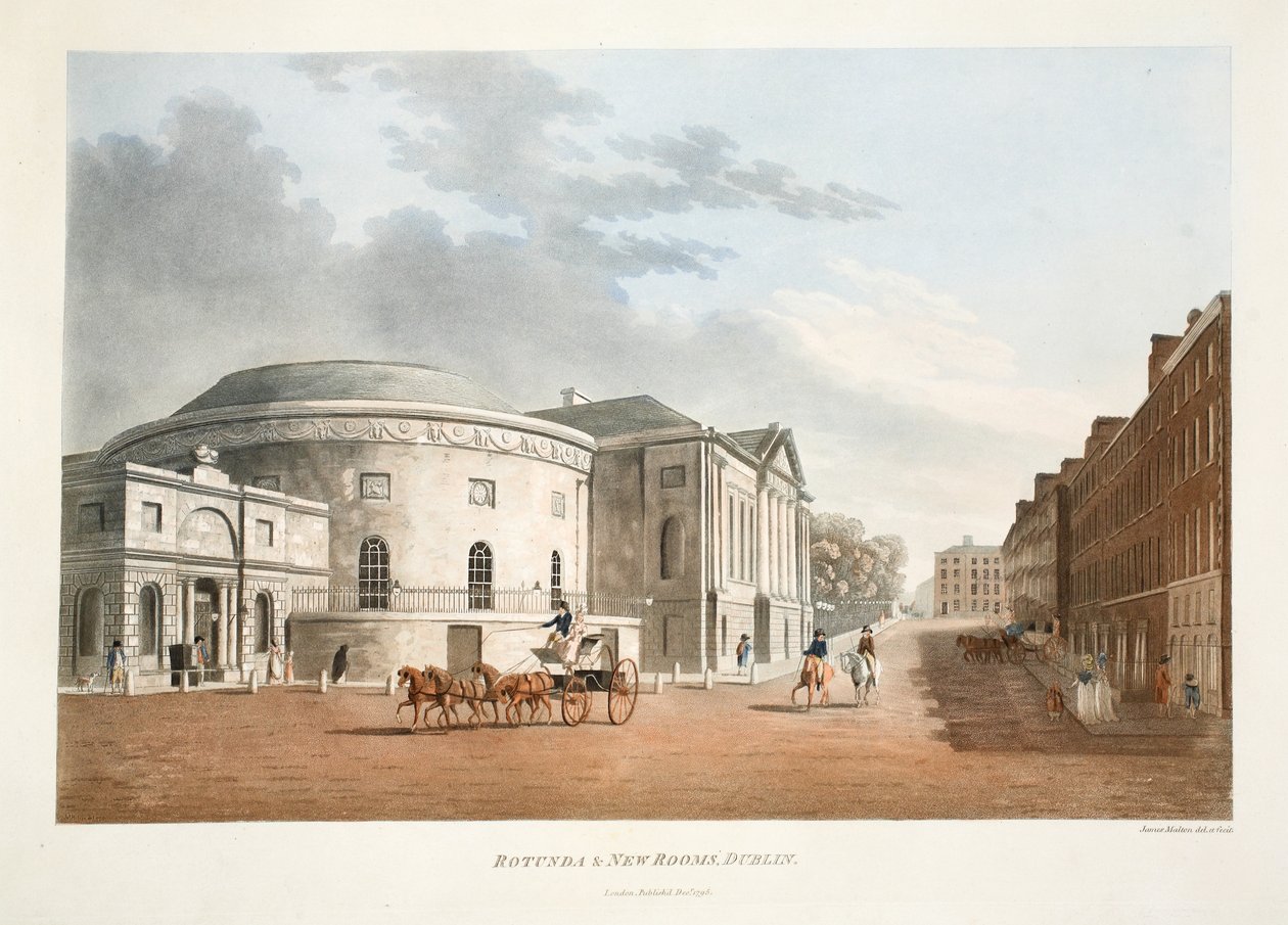 Rotunda und New Rooms, Dublin, 1795 (håndfarget gravering) av James Malton