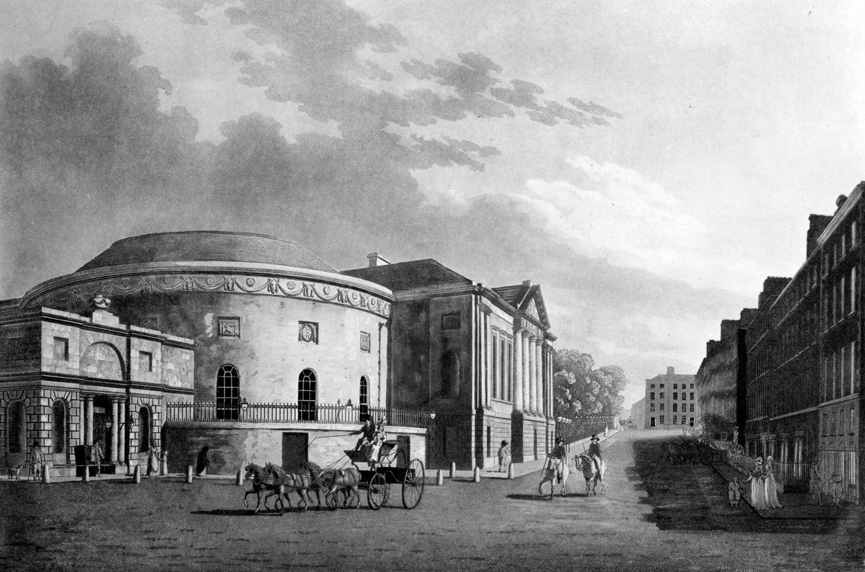 Rotunda und New Rooms, Dublin, 1795 (håndfarget gravering) av James Malton
