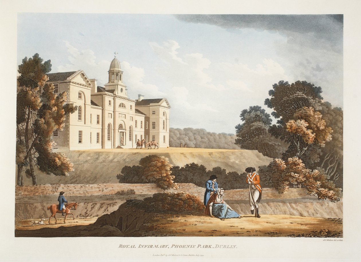Royal Infirmary, Phoenix Park, Dublin, 1794 (håndfarget gravering) av James Malton