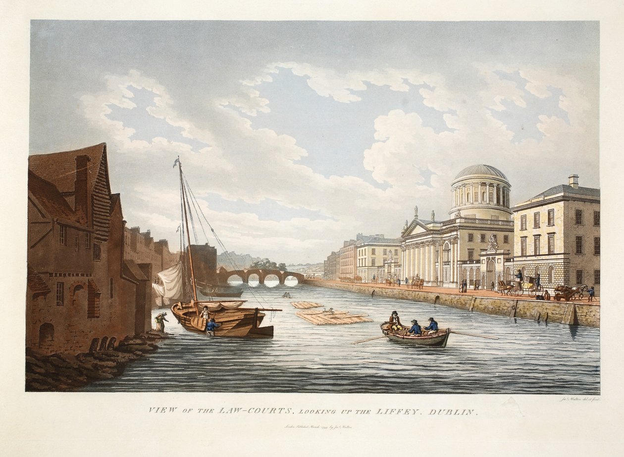 Utsikt over domstolene, ser opp Liffey, Dublin, 1799 (håndfarget gravering) av James Malton