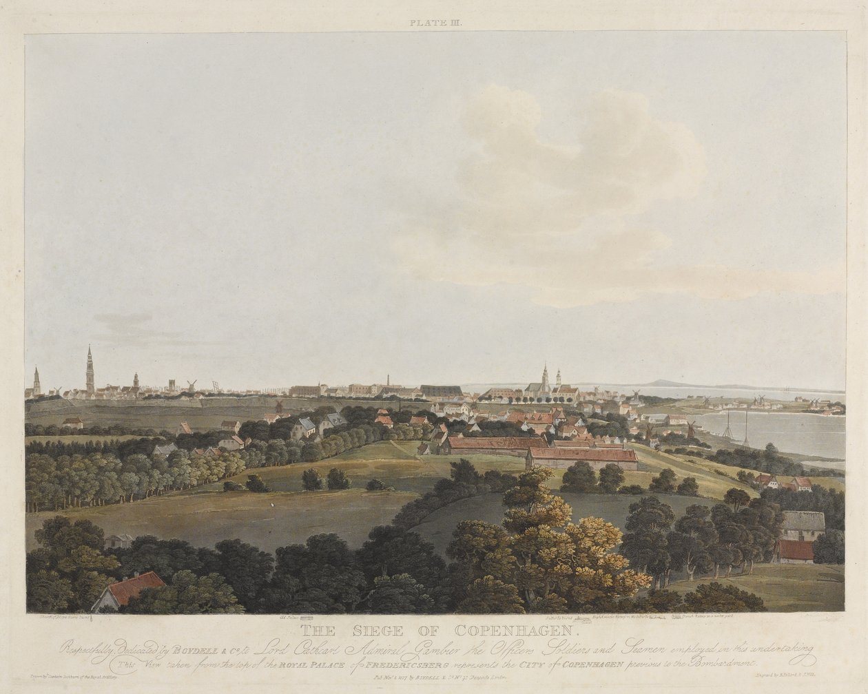 Danmark 1807: The Siege of Copenhagen, gravert av Robert Pollard (1792-1876) og Joseph Constantine Stadler (1780-1812) utgitt i 1807 (fargeakvatint) av James Pattison Cockburn