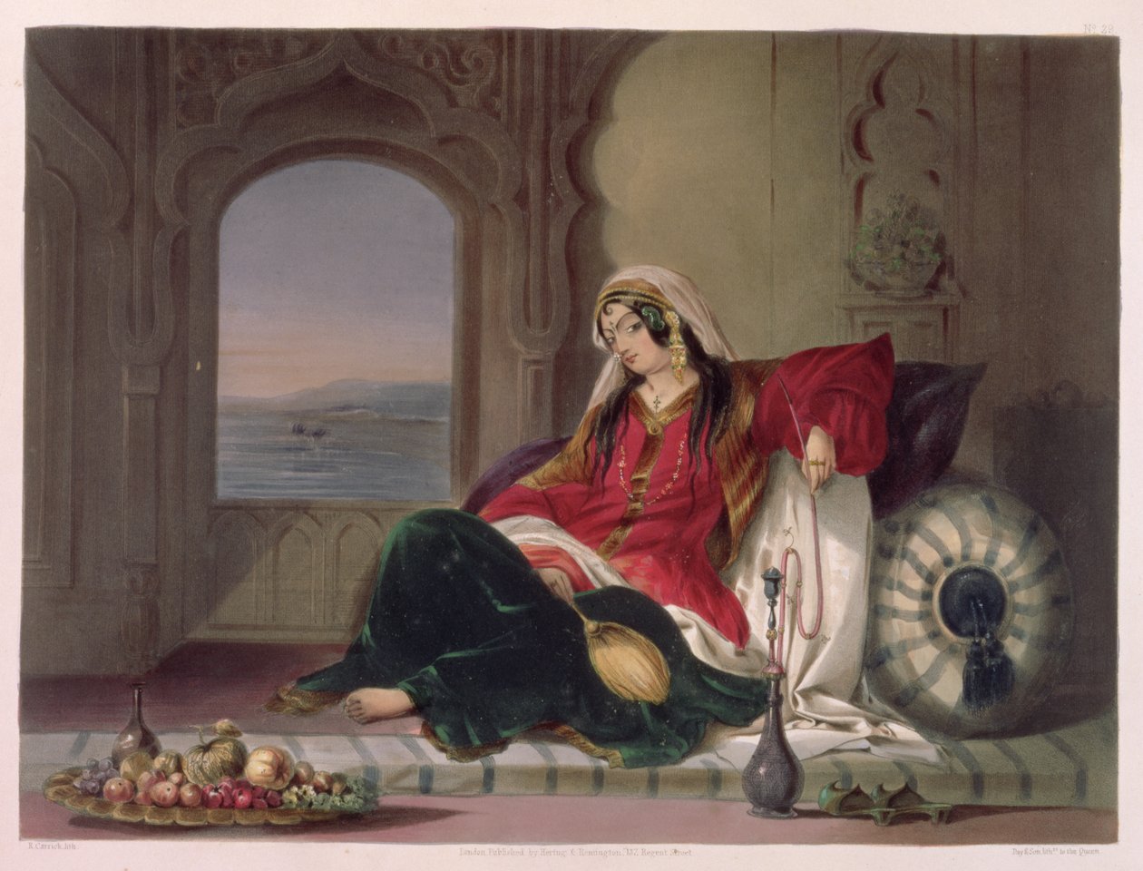 Kandahar Lady of Rank, Engaged in Smoking, plate 29 fra 'Scenery, Inhabitants and Costumes of Afghanistan', gravert av Robert Carrick (ca. 1829-1904) 1848 av James Rattray