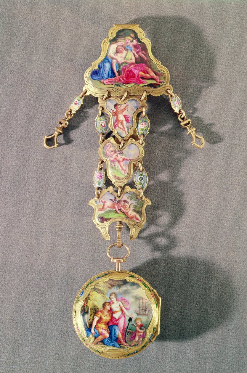 Klokke og chatelaine som viser Dido og Aeneas, ca. 1785 (gull og emalje) av James Tregent