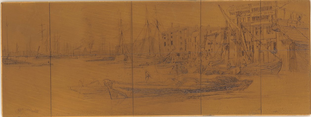 Etseplate: Thames Warehouses, 1859. av James Abbott McNeill Whistler