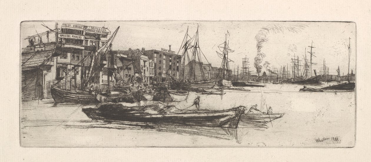 Thames Warehouses, 1859. av James Abbott McNeill Whistler