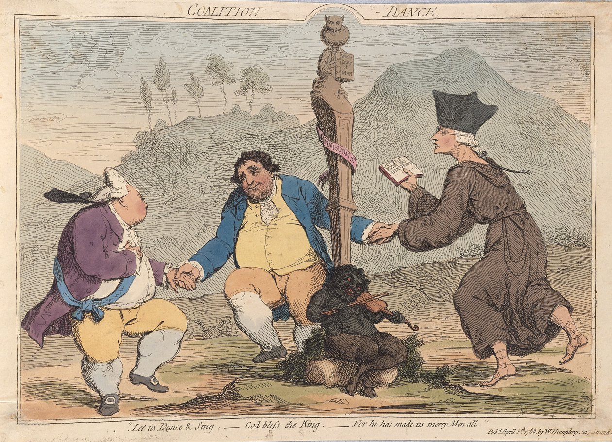 Koalisjonsdans, pub. 1785 (håndfarget gravering) av James Gillray