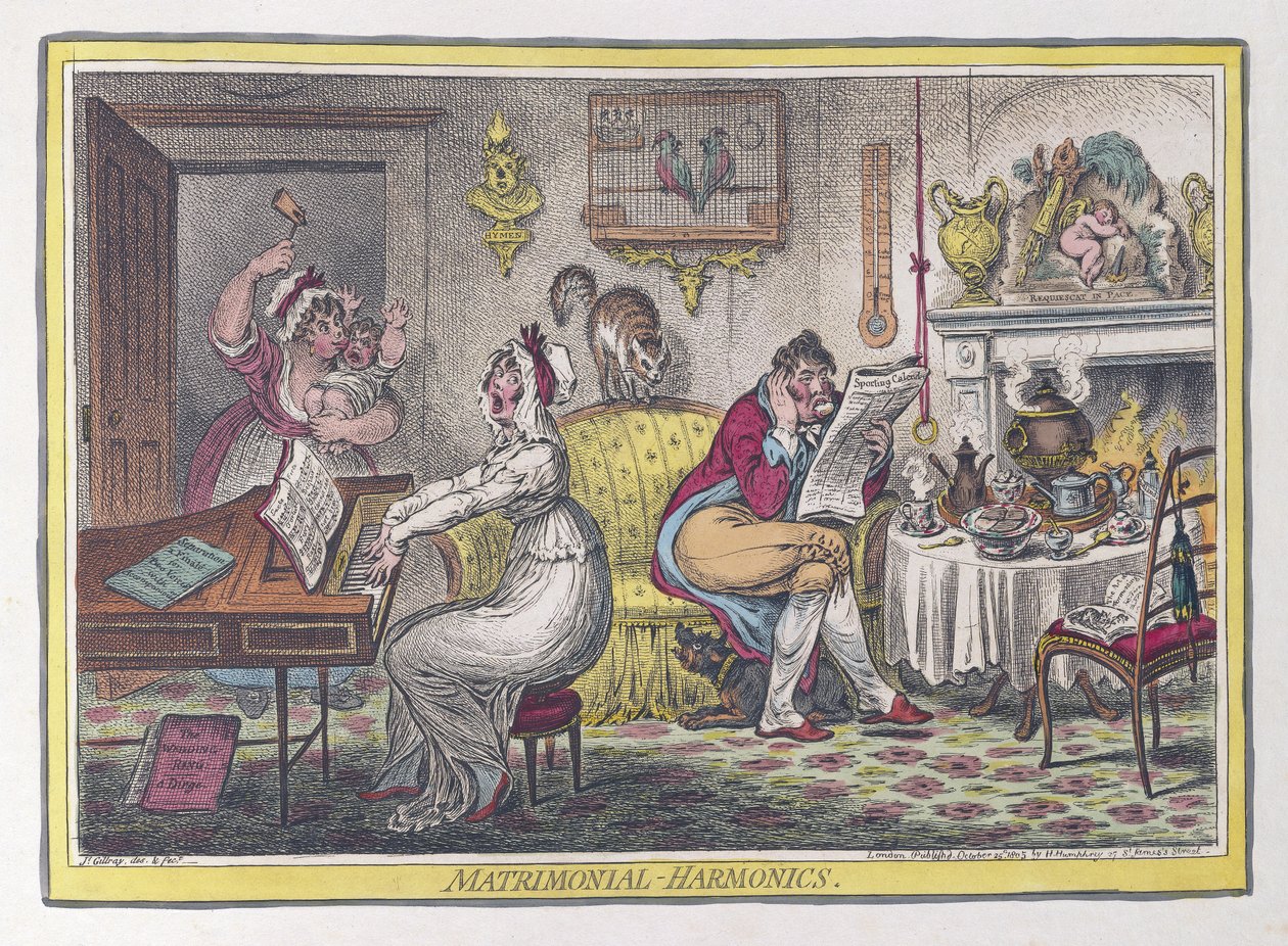 Matrimonial Harmonics, pub. 1805 (håndfargede graveringer) av James Gillray