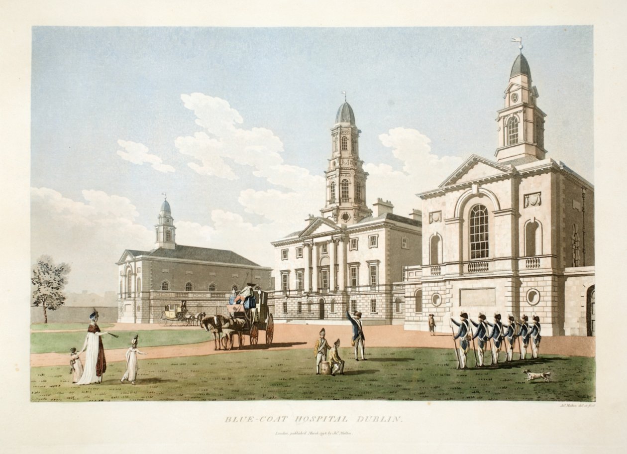 Blue-coat Hospital, Dublin, 1798 (håndfarget gravering) av James Malton