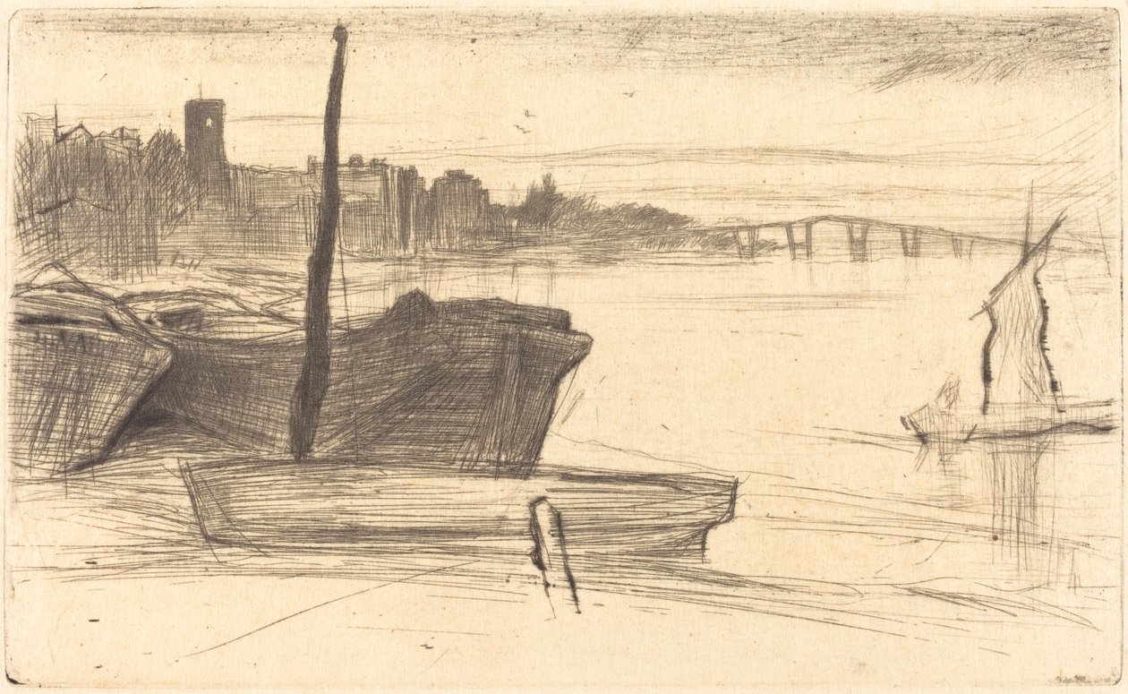Chelsea Bridge og kirke av James Abbott McNeill Whistler