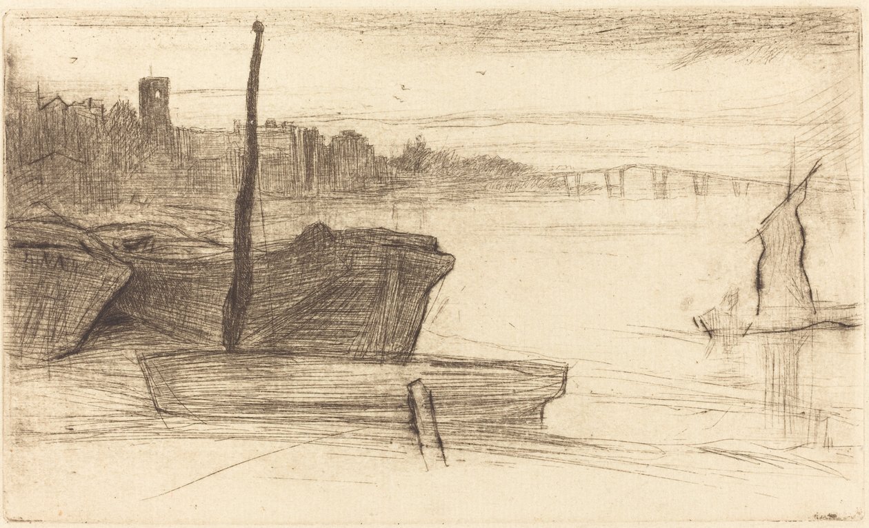 Chelsea Bridge og kirke av James Abbott McNeill Whistler