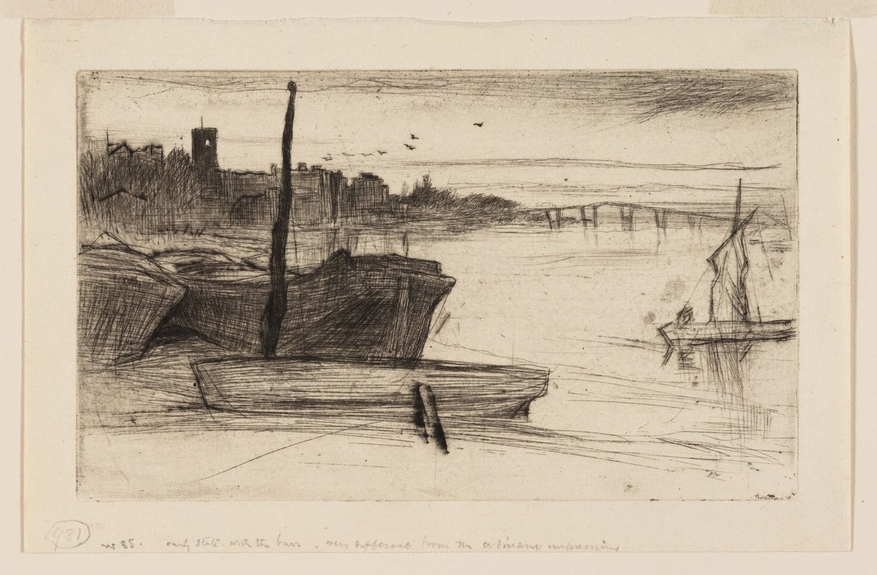Chelsea Bridge og kirke av James Abbott McNeill Whistler