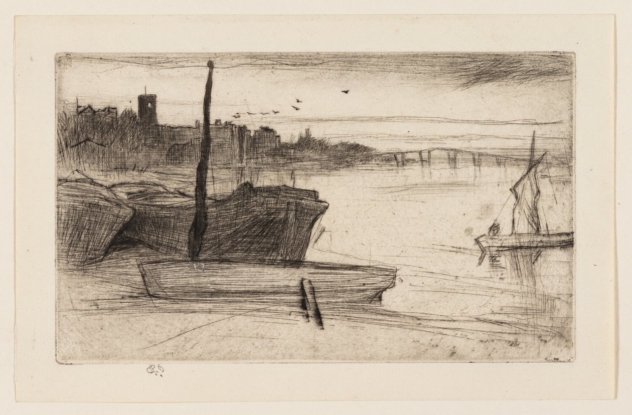 Chelsea Bridge og kirke av James Abbott McNeill Whistler
