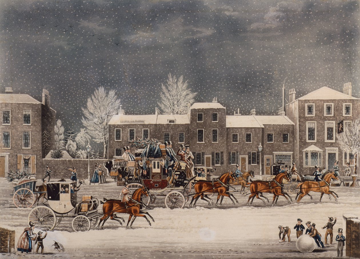 Hjem til jul (farget gravering) av James Pollard