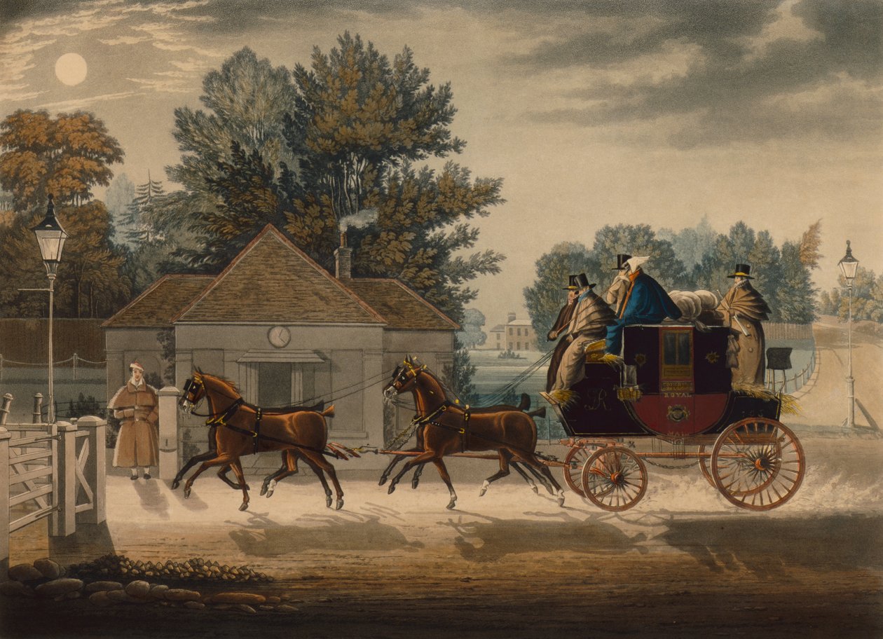 Mail Coach av Moonlight (farget gravering) av James Pollard