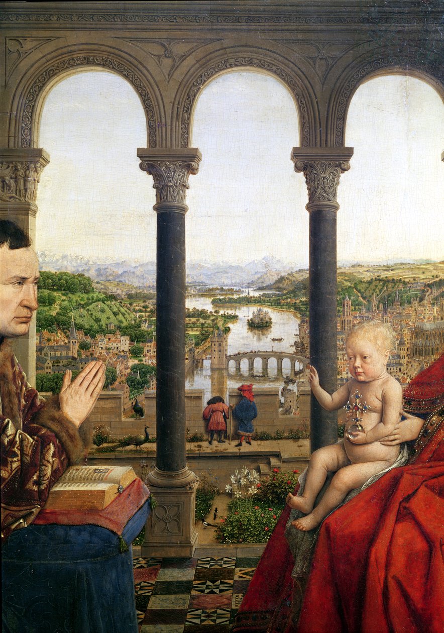 Rolin Madonna (La Vierge de Chancelier Rolin), detalj av utsikten mellom søylene, ca. 1435 (se også 2993) av Jan van Eyck
