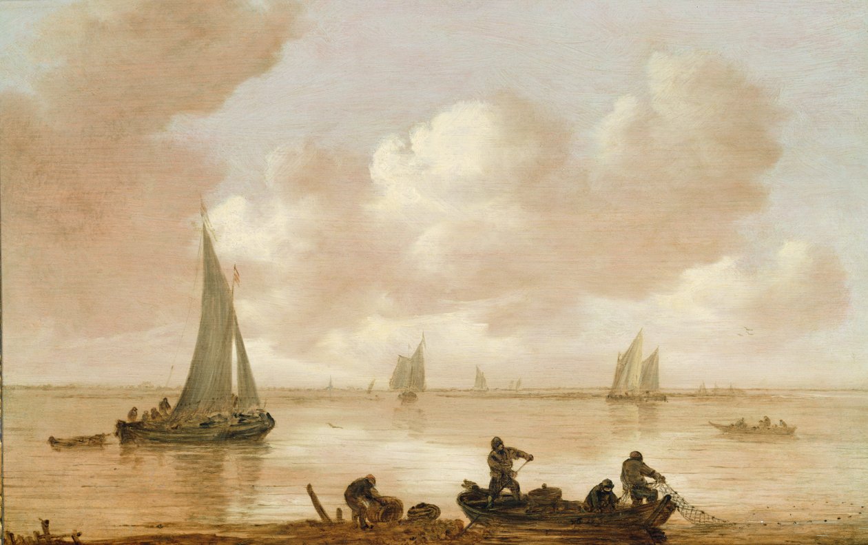 En elvemunning med fisker som drar inn garnene sine (olje) av Jan Josephsz van Goyen