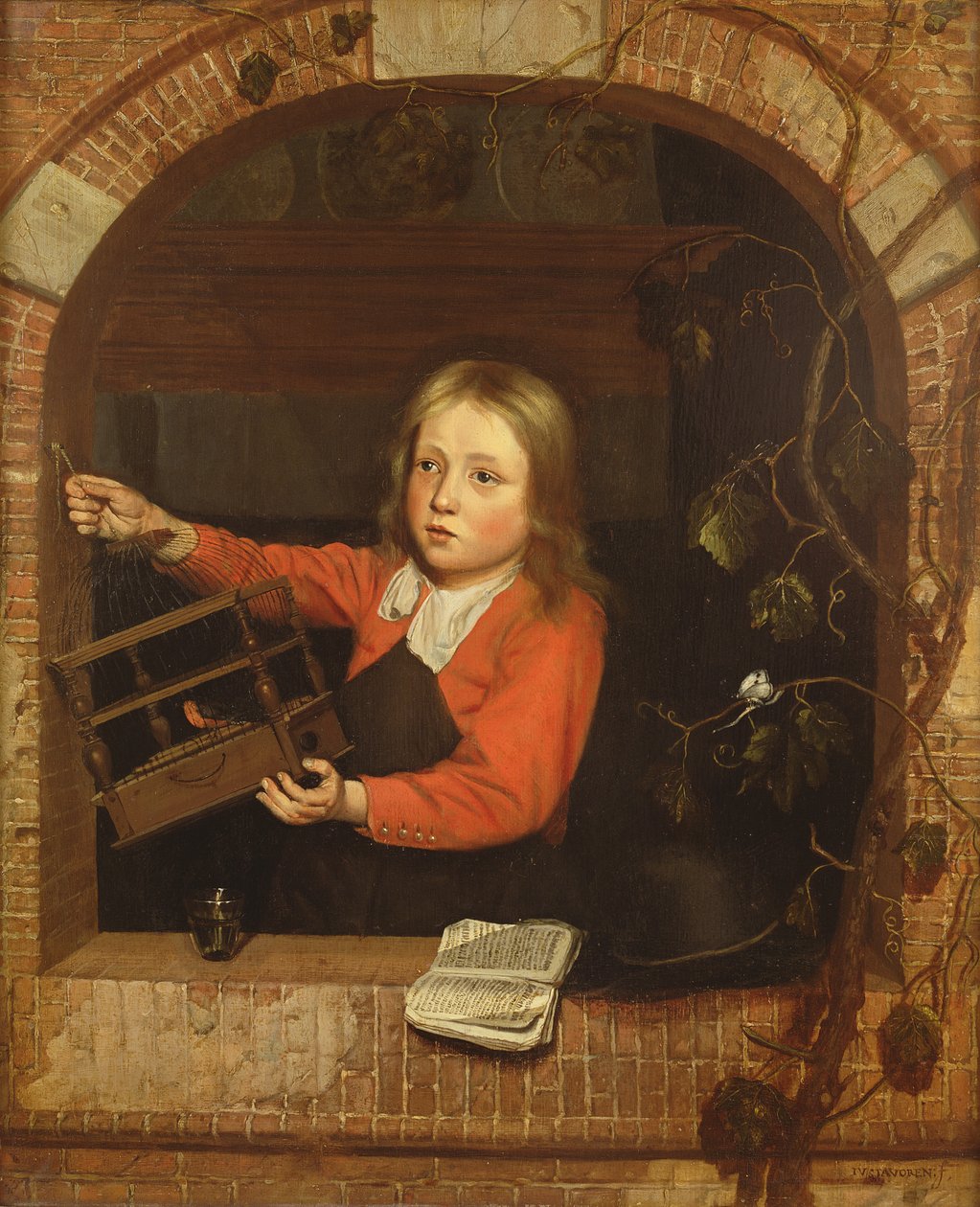 Ung gutt med et fuglebur (panel) av Jan Adriaensz van Staveren