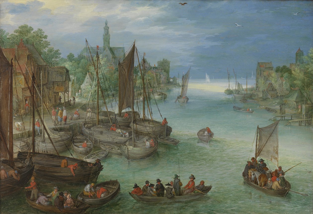 Utsikt over en by ved en elv av Jan the Elder Brueghel