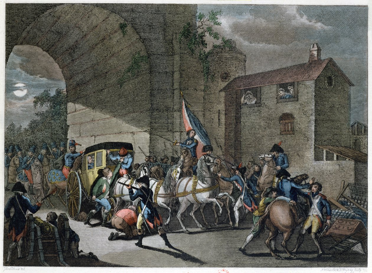Arrestasjonen av Louis XVI (1754-93) i Varennes, 22. juni 1791, gravert av Reinier Vinkeles (1741-1816) og Daniel Friday (1765-1822) av Jan Bulthuis
