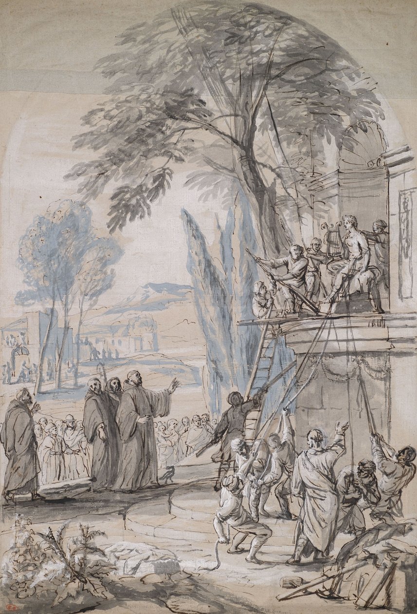 Installasjon av en statue i en bygningsnisje av Jan Erasmus Quellinus