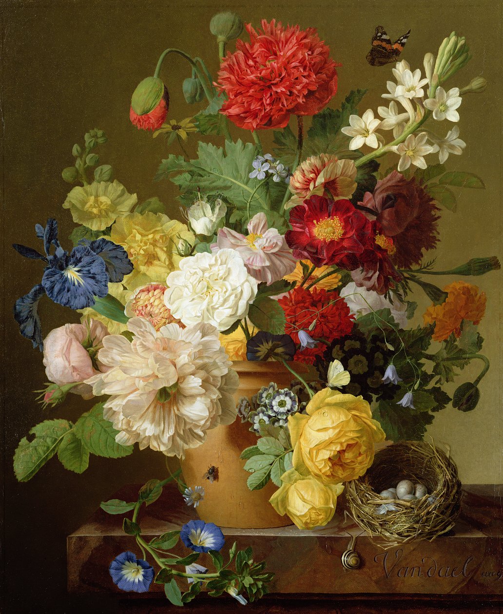 Blomsterstilleben på en marmorhylle, 1800-01 av Jan Frans van Dael