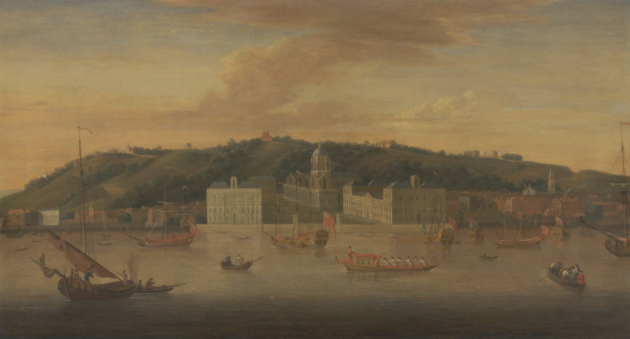 En utsikt over Greenwich fra elven med mange båter av Jan Griffier