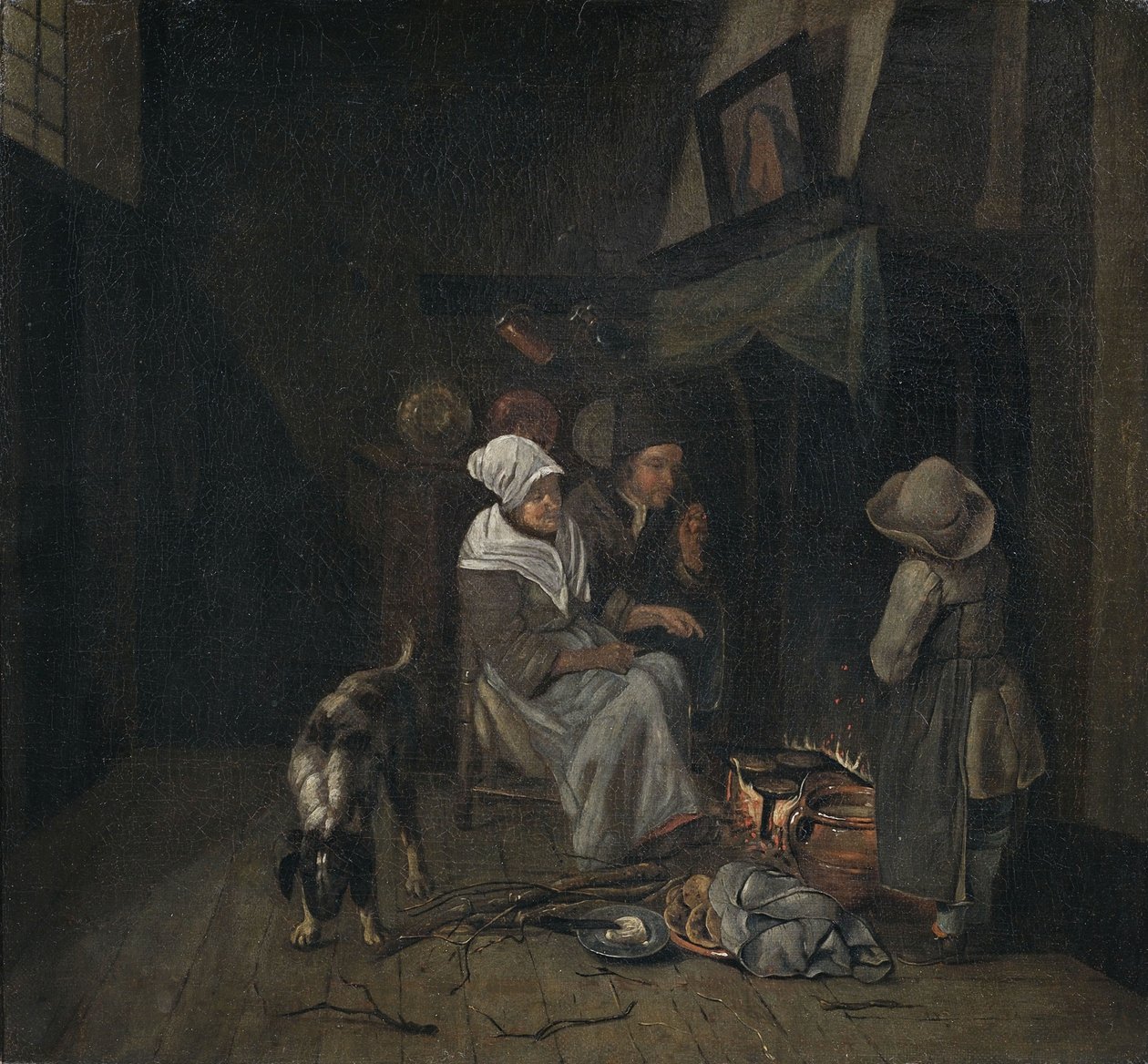 Kjøkkeninteriør med den samlede familien som bakte pannekaker. av Jan Josef the Elder Horemans