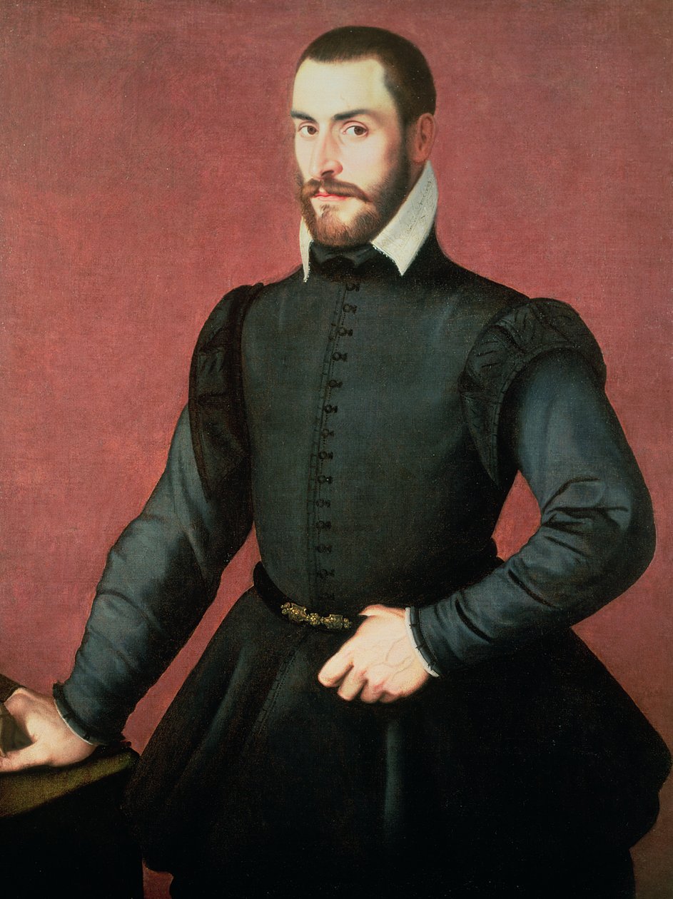 Portrett av en ung mann i et interiør av Jan Stephen van Calcar