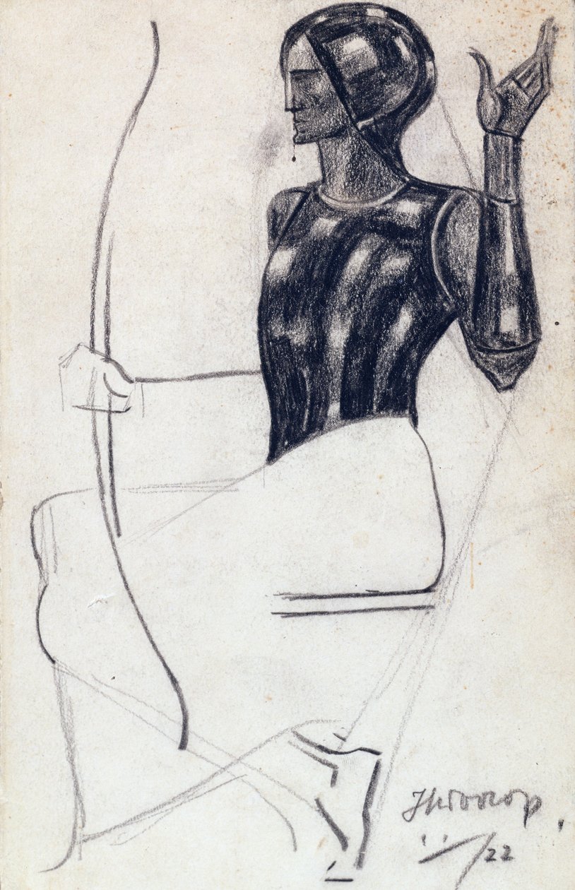 Sittende kvinnelig bueskytter, 1922 (kritt på papir) av Jan Toorop