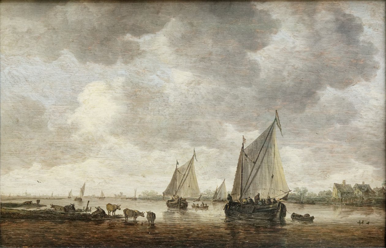 To store seilbåter på en elv og storfe nær kysten av Jan Josephsz van Goyen