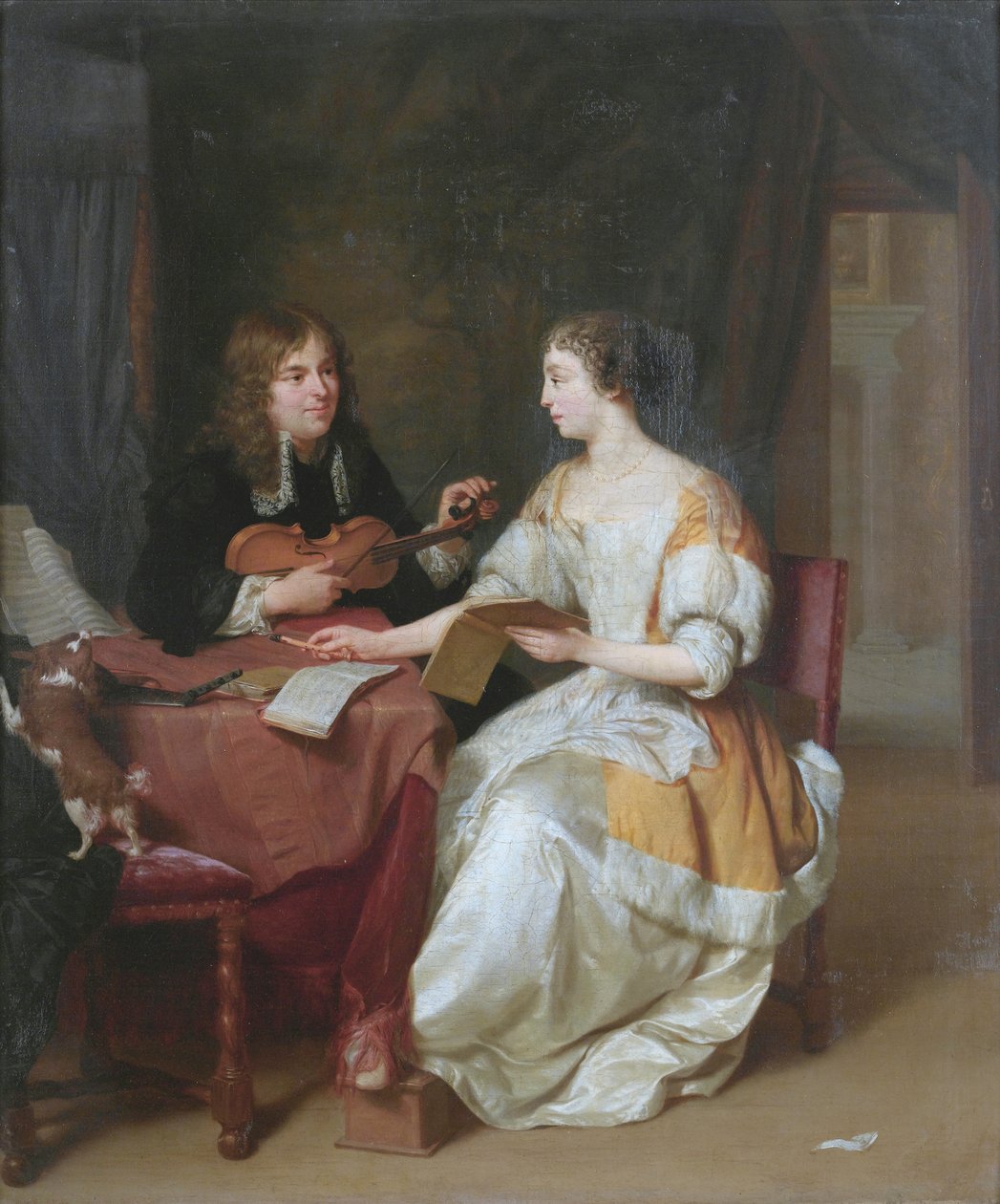 Et elegant par som lager musikk i et interiør av Jan Verkolje