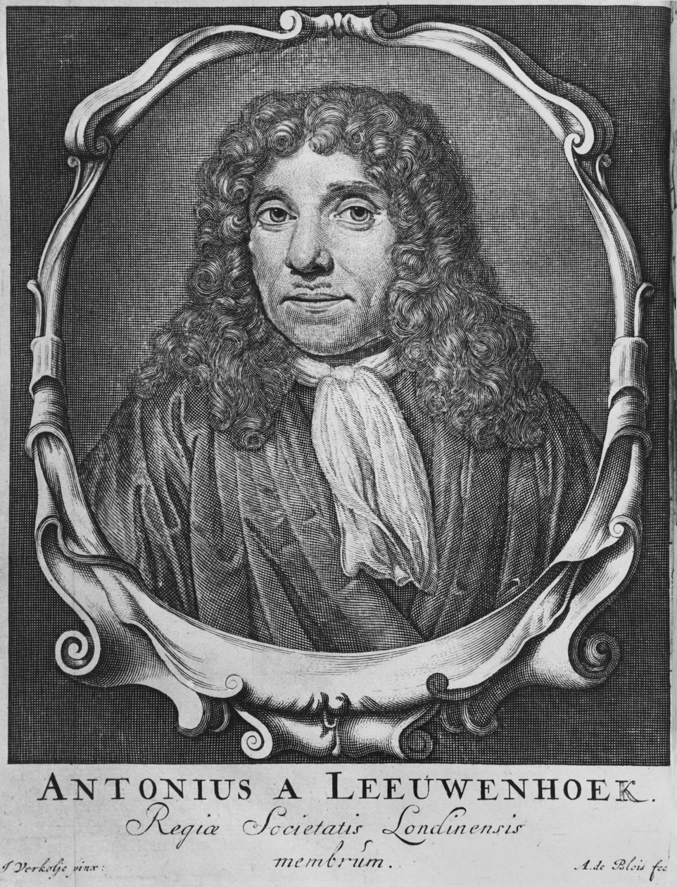 Portrett av Anton Van Leeuwenhoek, illustrasjon fra 'Arcania naturae...', gravert av Abraham de Blois (1600-1700-tallet) Leiden, 1722 av Jan Verkolje