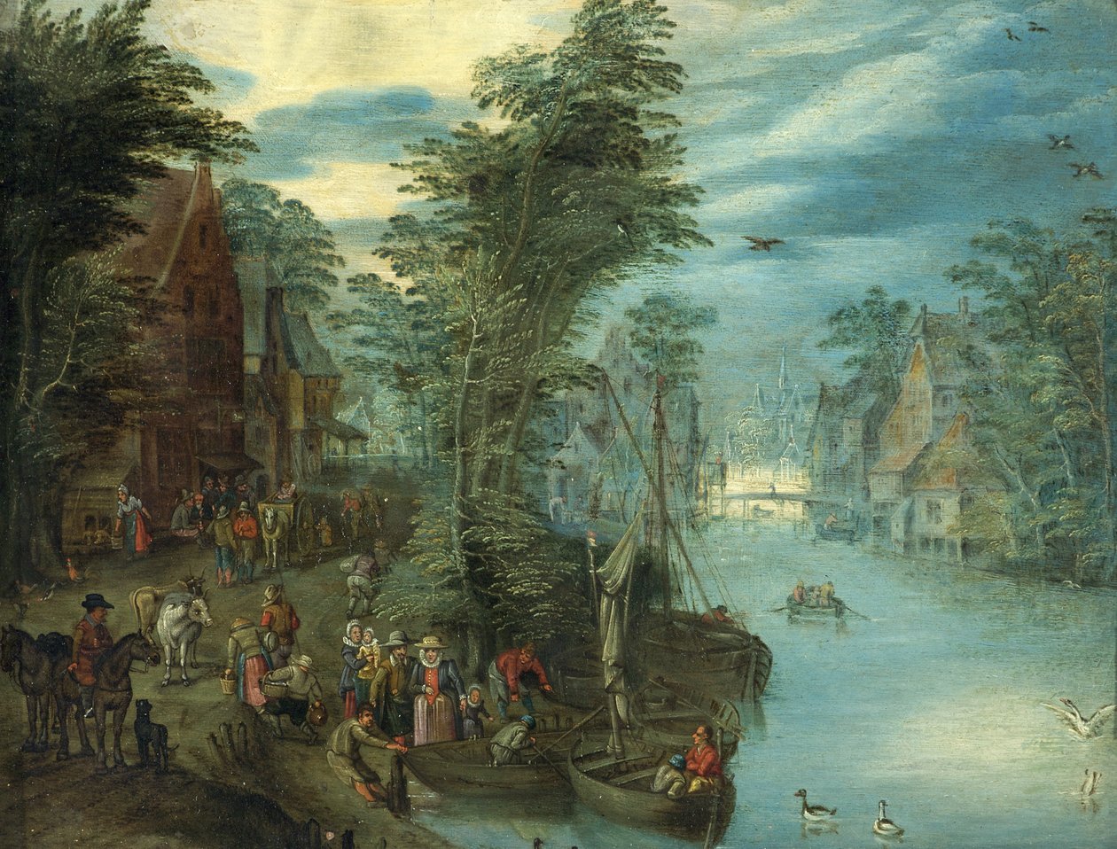 River Scene, ca. 1630-50 (olje på kobber) av Jan the Elder Brueghel