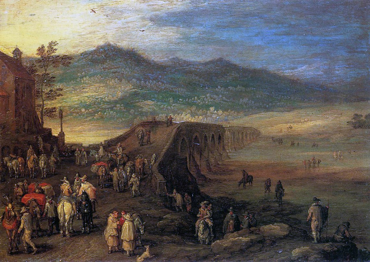 Reisende ved broen til Talavera, 1610 (olje på kobber) av Jan the Elder Brueghel