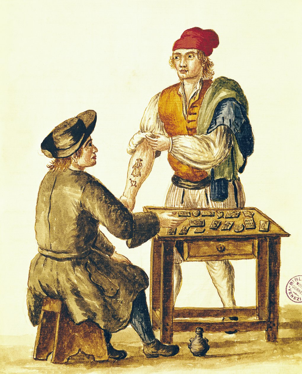 Venetian Tattooer (penn og blekk og wc på papir) av Jan van Grevenbroeck