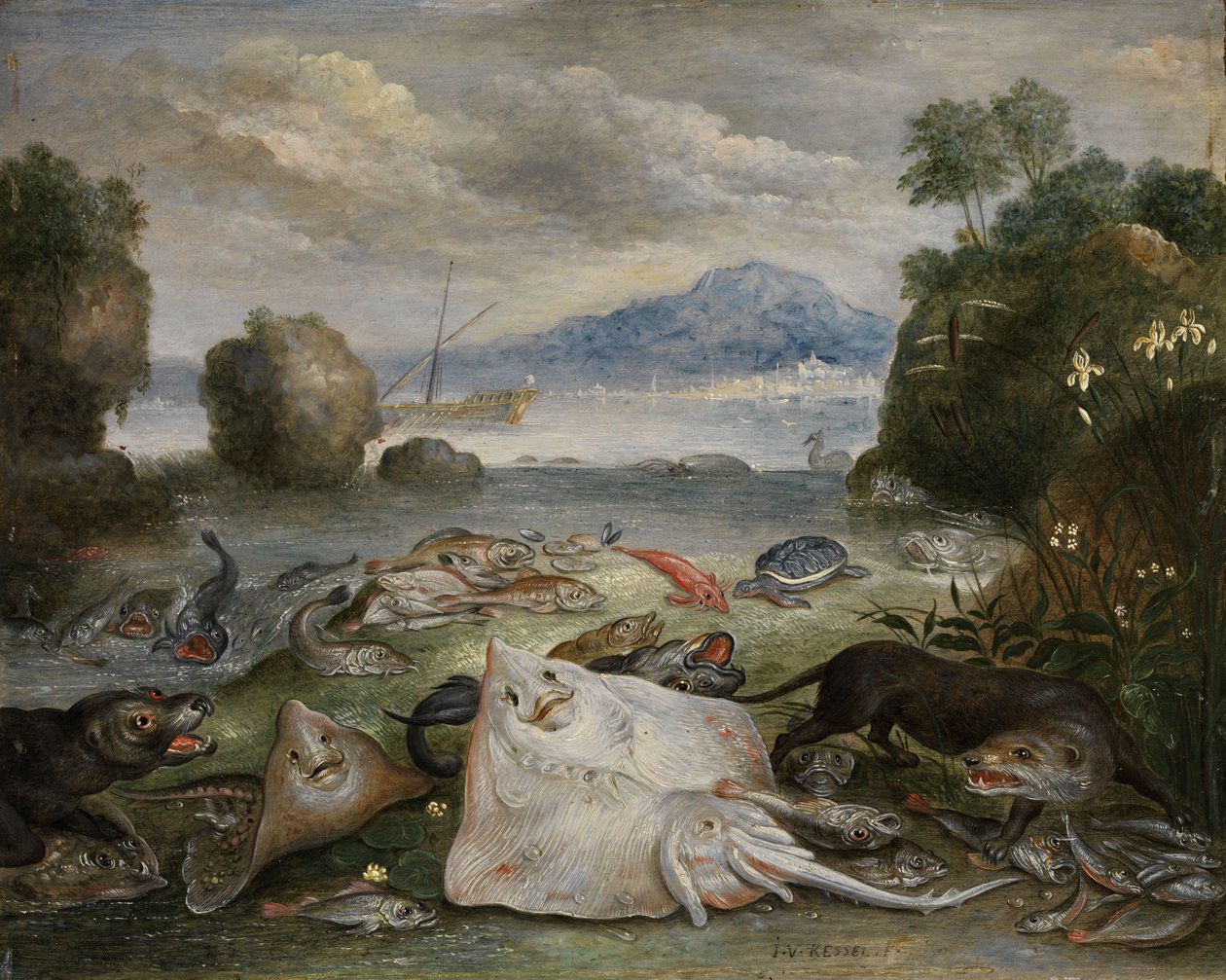 Sjødyr, fisk og oter på stranden med utsikt over en bukt med seilskip og fjell i det fjerne av Jan van Kessel the Elder