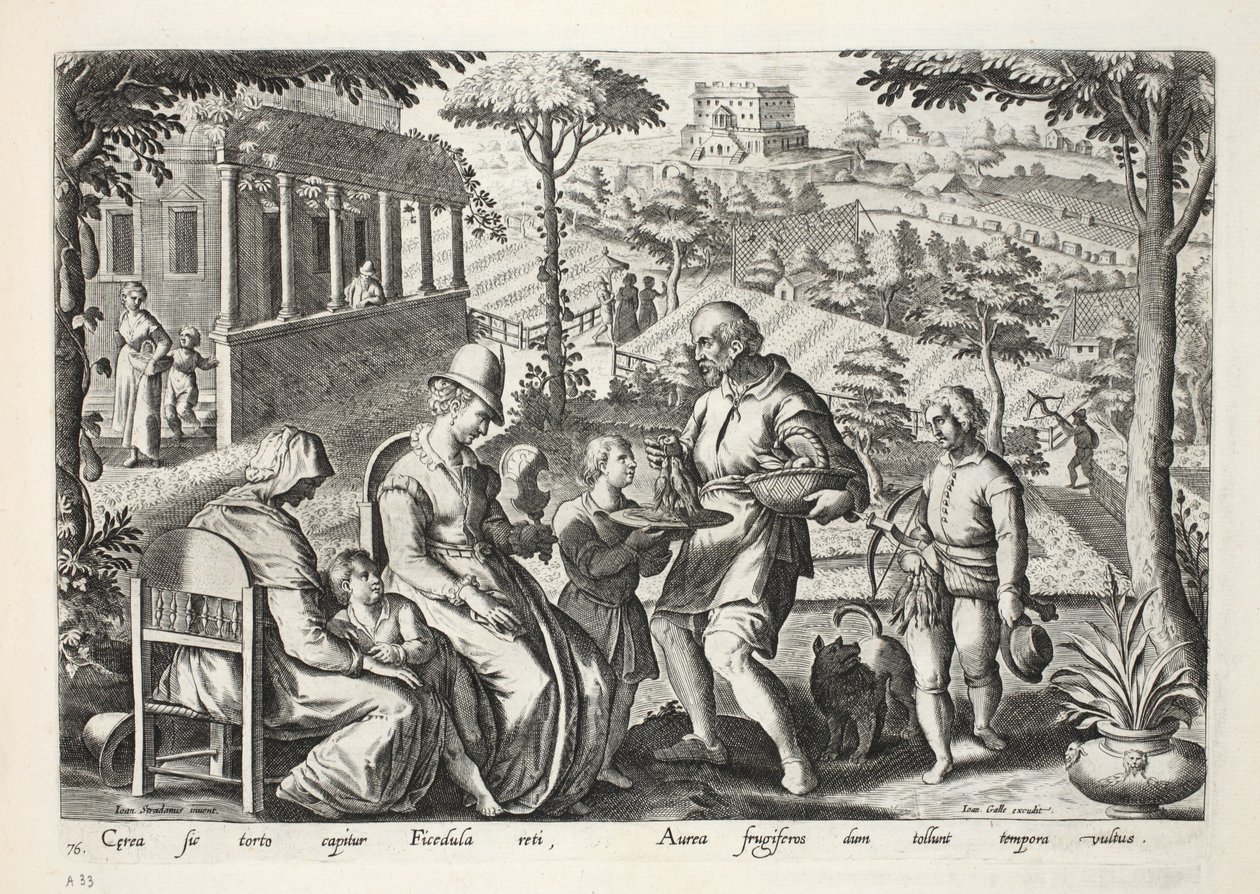 Fuglefangere som selger døde fugler, plate 76, illustrasjon fra 'Venationes, Ferarum, Avium, Piscium' (Of Hunting: Wild Beasts, Birds, Fish), gravert av Jan Collaert (1566-1628), pub. av Phillipus Galla av Jan van der Straet