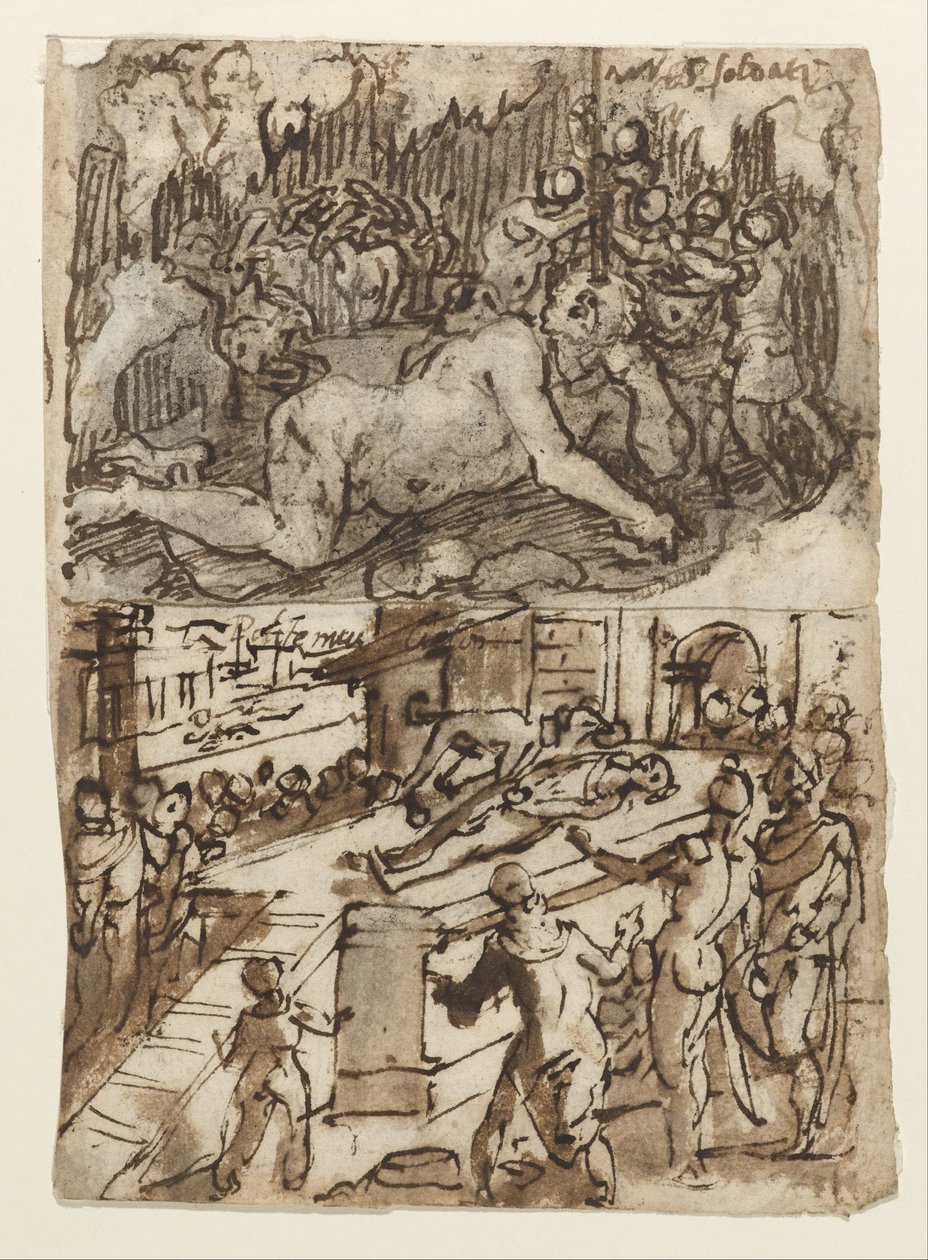 Recto Title- Side i en skissebok som viser to scener, en inkludert Blinding of Cyclops. av Jan van der Straet