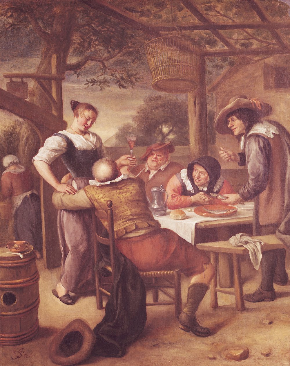 Gledelig selskap under en barneseng av Jan Havickszoon Steen