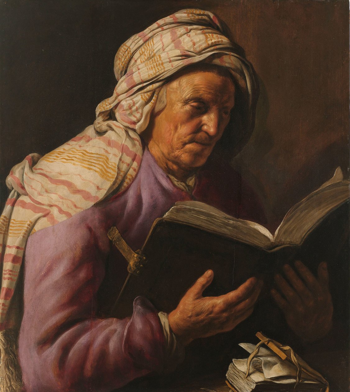 Gammel kvinne som leser av Jan Lievens