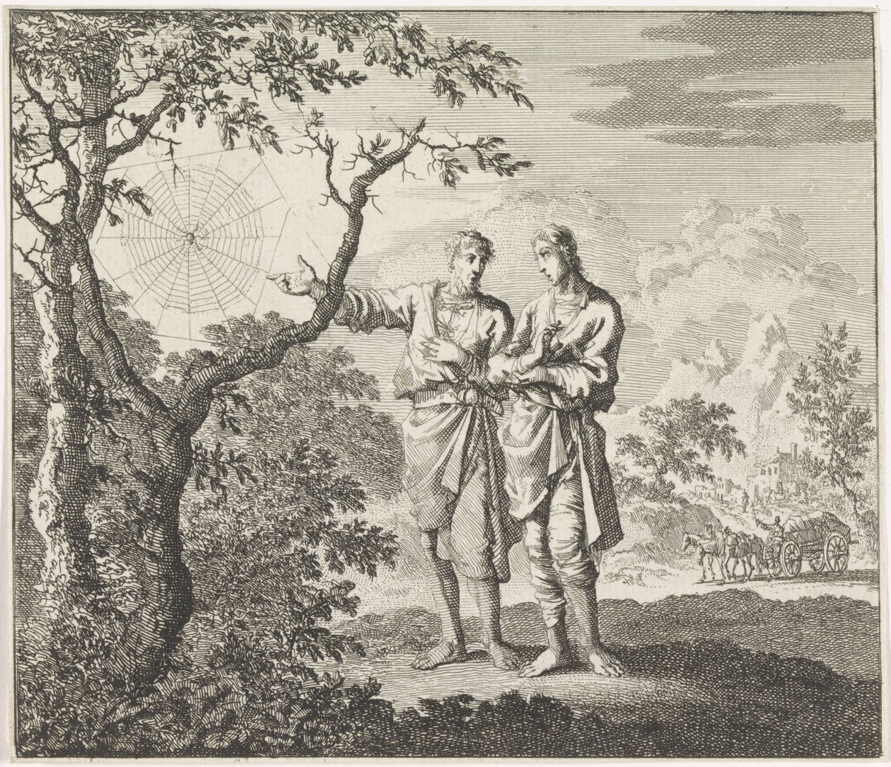 Emblem: edderkopp To menn ser på et edderkoppnett av Jan Luyken
