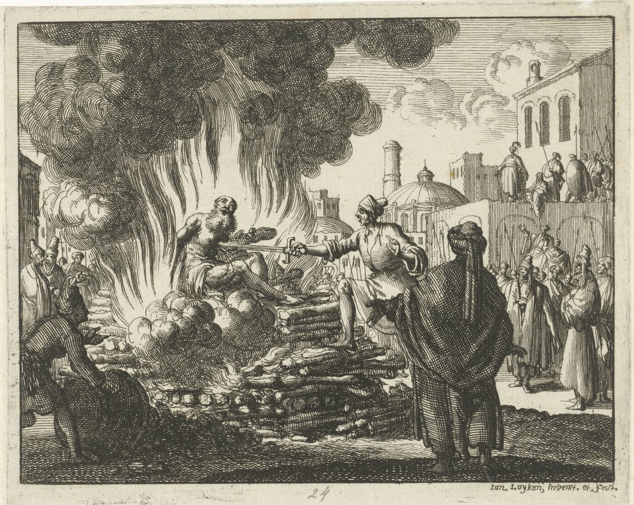 Polycarp knivstukket i hjel på bålet av Jan Luyken