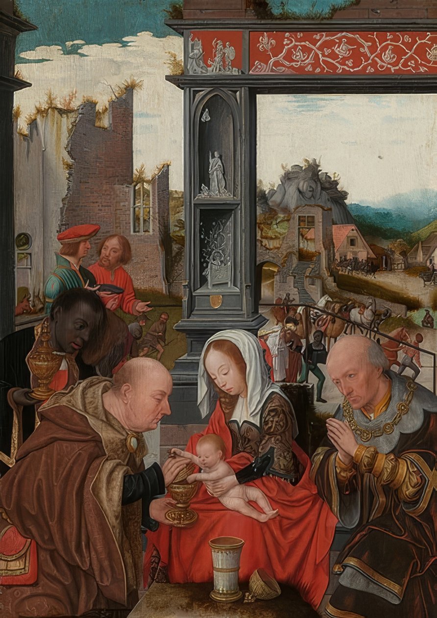 Tilbedelse av magiene. Rundt 1520-25 av Jan Mostaert