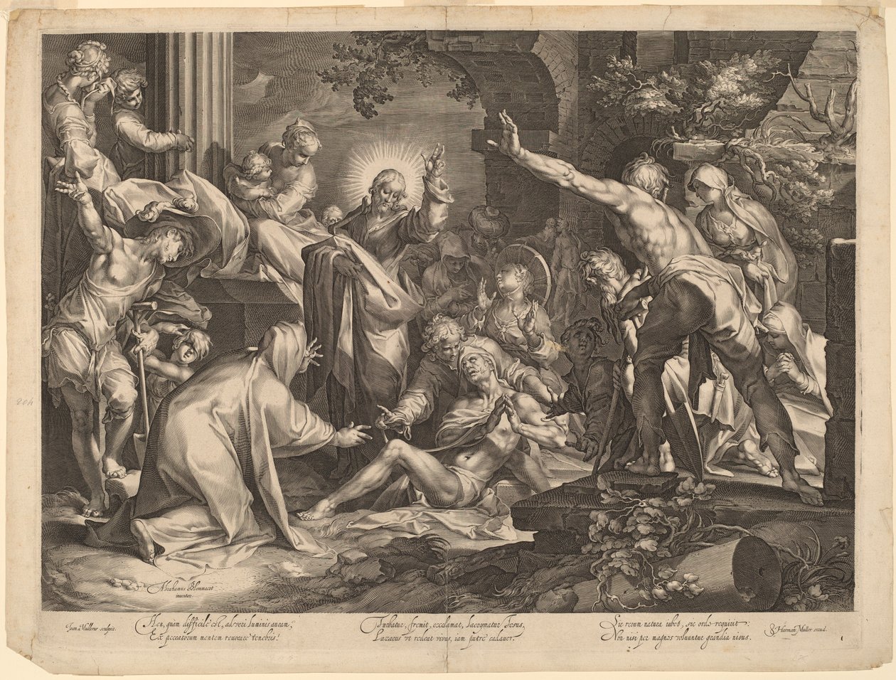 Oppreisningen av Lasarus av Jan Muller, after Abraham Bloemaert