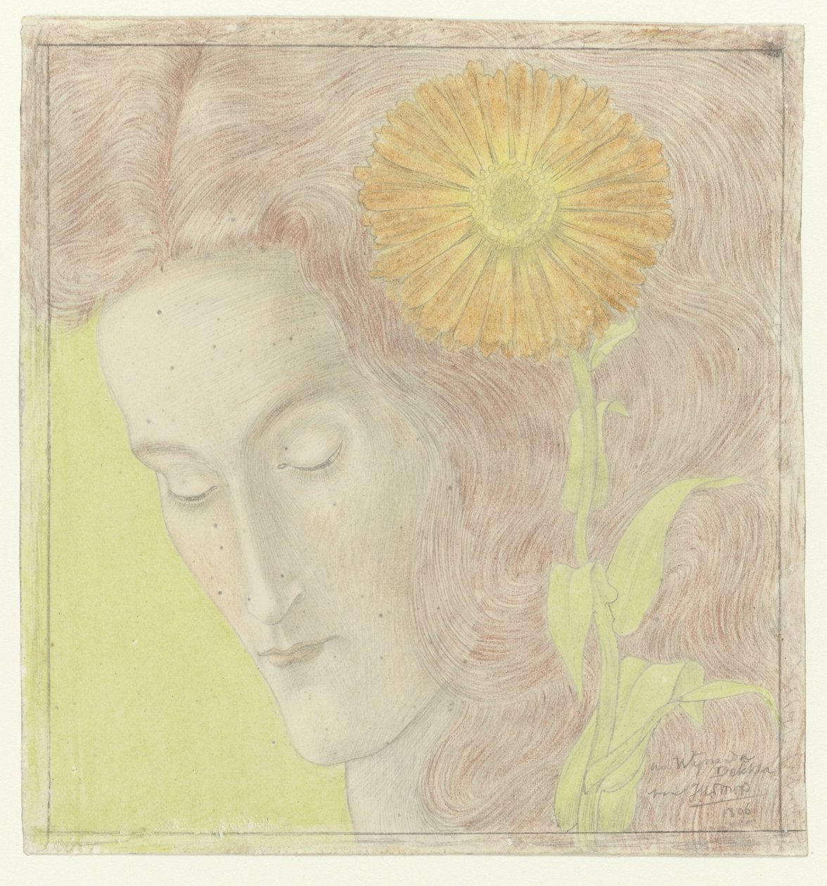 Kvinnehode med rødt hår og krysantemum av Jan Toorop