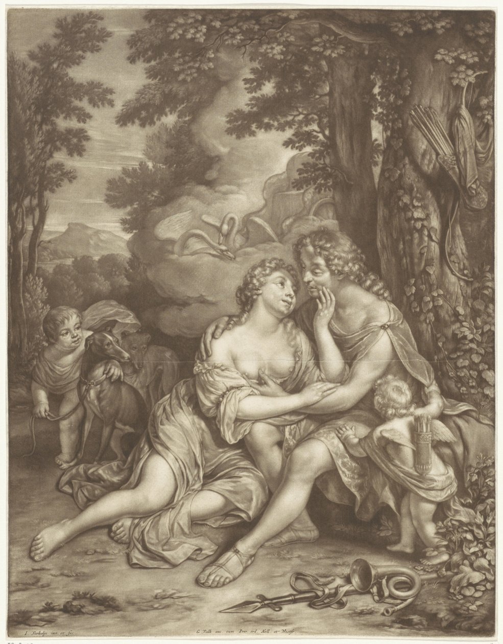 Venus stopper Adonis fra å jakte av Jan Verkolje (I)
